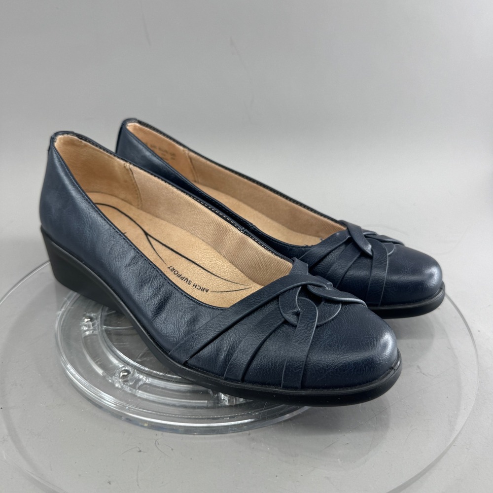 LifeStride Womens Jorie Navy Blue Faux Leather Soft System Wedge Pumps Size 7.5M